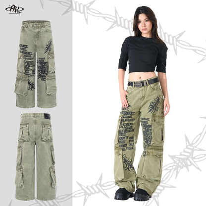Multi-Pocket Distressed Digital Print Washed Heavyweight Jeans Vintage American Workwear Trendy Casual Denim Trousers | Pocket Print