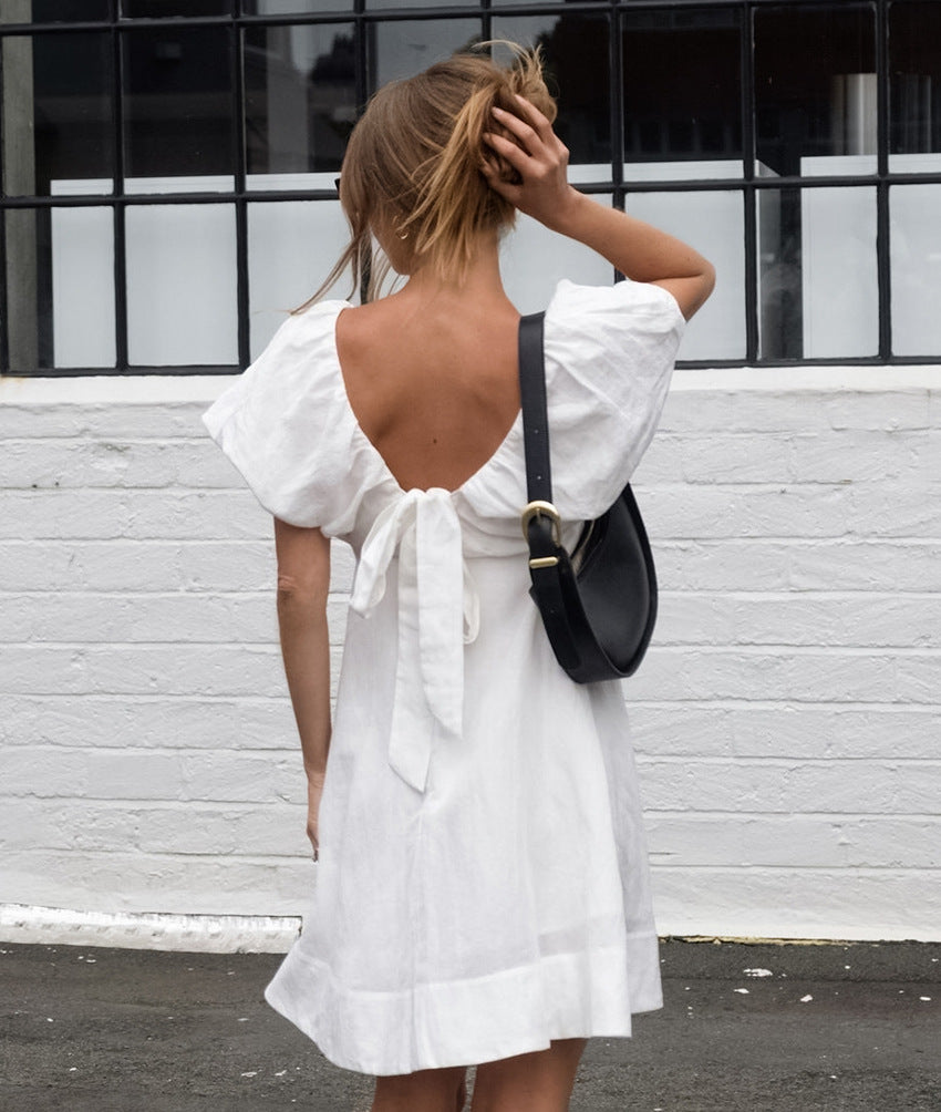 Women's White Puff Sleeve Mini Dress V Neck Casual Flowy Summer Sundress - Seldom Seen Styles