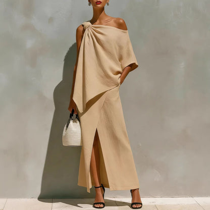 Women's One Shoulder Knot Front Slit Irregular Two Piece Set Solid Color Summer Vacation Outfit