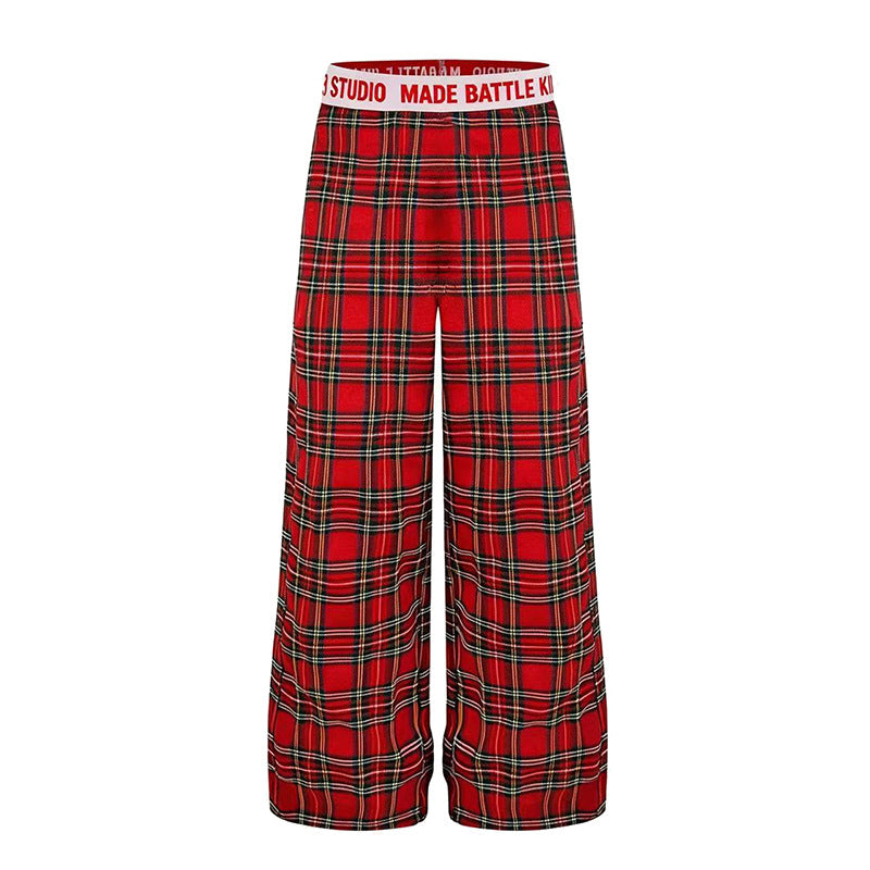 DARKAGE Plaid Wide-Leg Pants with Lettering Waistband