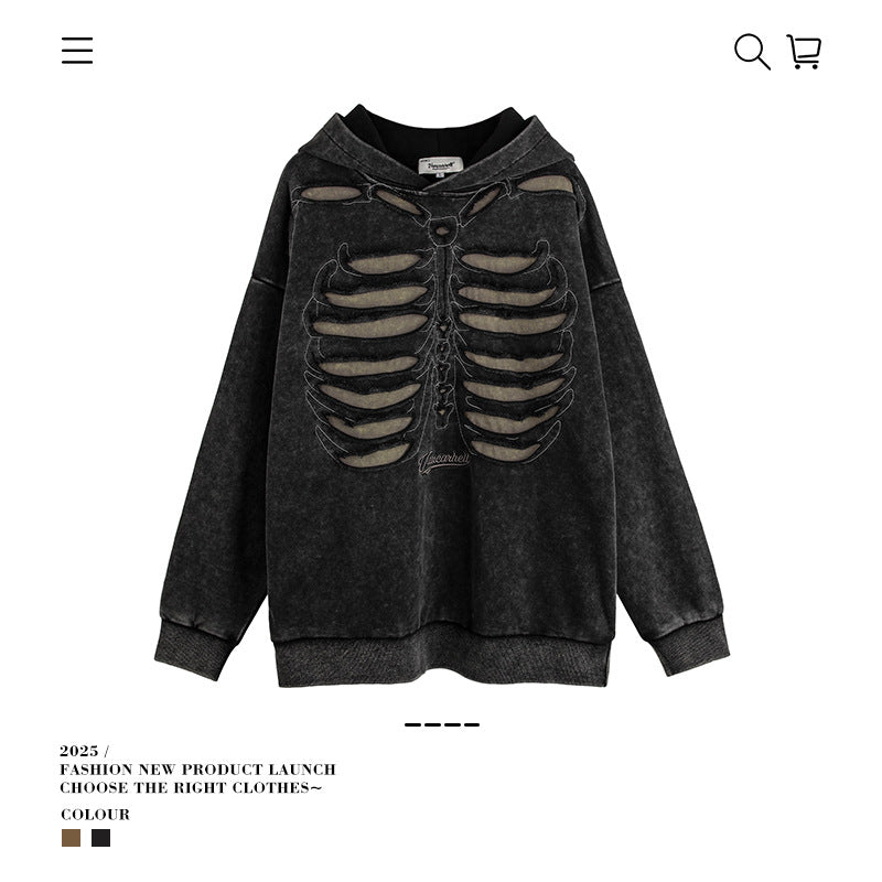 VANCARHELL Skeleton Ribcage Acid Wash Hoodie