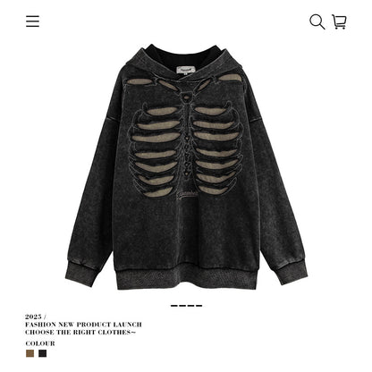VANCARHELL Skeleton Ribcage Acid Wash Hoodie
