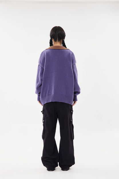 V-Neck Lapel Long Sleeve Color Block Letter Print Knit Sweater Loose Oversized Vintage College Style Autumn Winter Pullover | Attack Knit