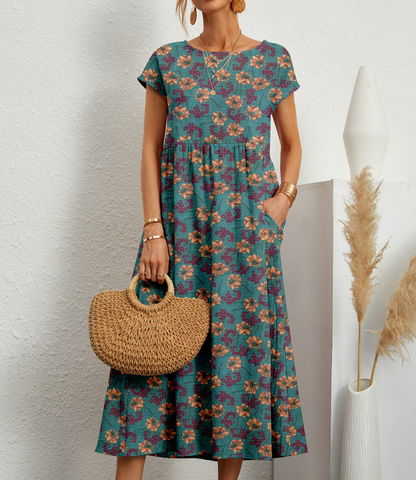 Women's Printed Cotton Linen Maxi Dress Casual Loose Summer Dress - Seldom Seen Styles