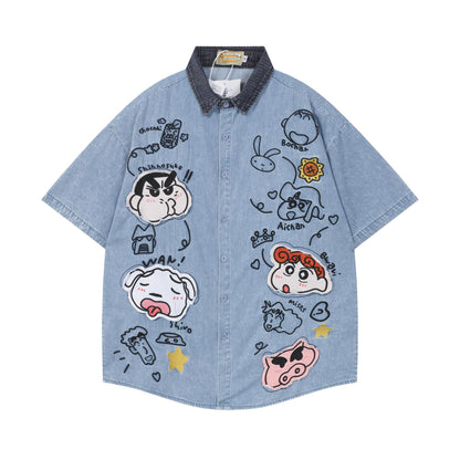 Crayon Sticker Embroidered Denim Shirt Loose Short Sleeve Casual Color Matching Couple Japanese Cute Streetwear Summer Top | Crayon Denim