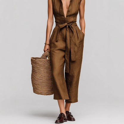 Women's Linen Blend Sleeveless V-Neck Belted Jumpsuit Casual Summer Vacation Outfit