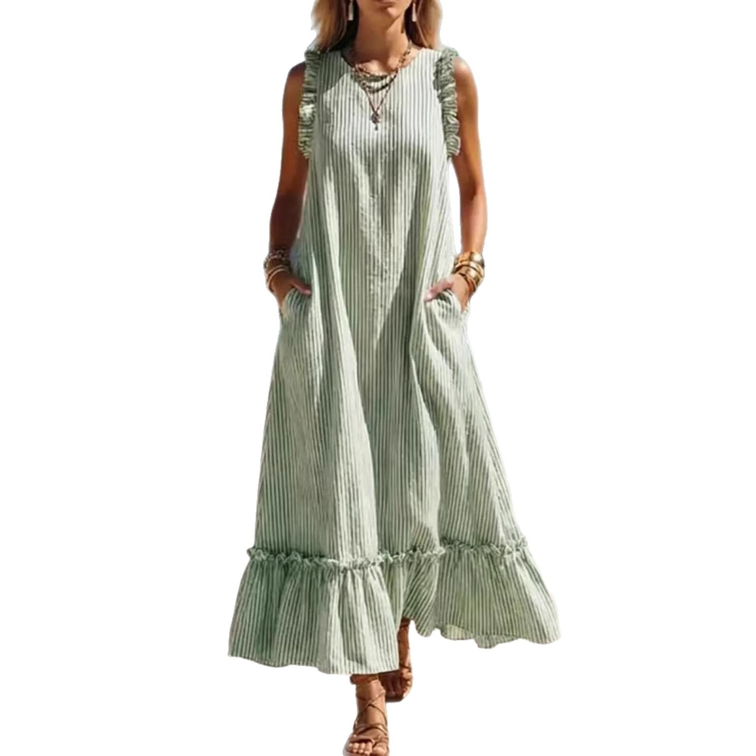 Women's Striped Sleeveless Ruffle Hem Loose Dress Casual Summer Beach Vacation Midi Dress - Seldom Seen Styles