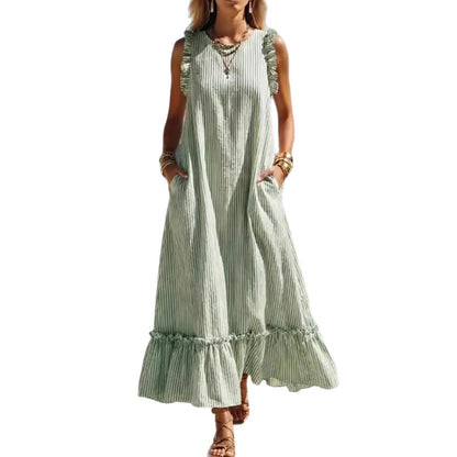 Women's Striped Sleeveless Ruffle Hem Loose Dress Casual Summer Beach Vacation Midi Dress