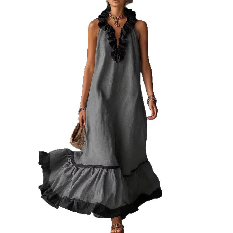 Women's Sleeveless V-Neck Ruffle Maxi Dress Loose Casual Summer Beach Vacation Long Vest Dress - Seldom Seen Styles