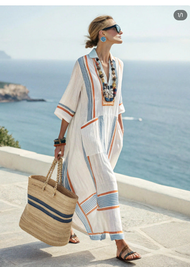 Women's Boho Linen Maxi Dress Oversized Kaftan Beach Cover Up Vacation Resort Dress