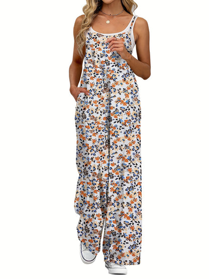 Women's Floral Print Jumpsuit Sleeveless Wide Leg Jumpsuit Adjustable Strap Casual Summer Romper with Pockets