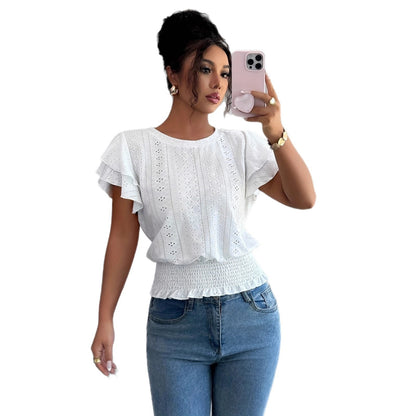 Women's Eyelet Flutter Sleeve Blouse Crew Neck Smocked Hem Casual Summer Top