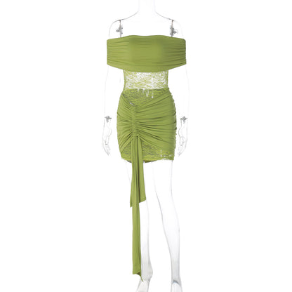 Spitzenkleid sexy Bandeau-Top One-Shoulder-Ausschnitt Spleißen Perspektive Hüftriemen kurzer Rock Damenbekleidung