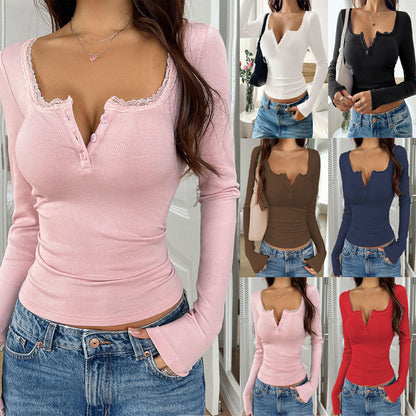 Women's Lace Button V-Neck Slim Fit Long Sleeve Top Casual Elegant Vacation Outfit