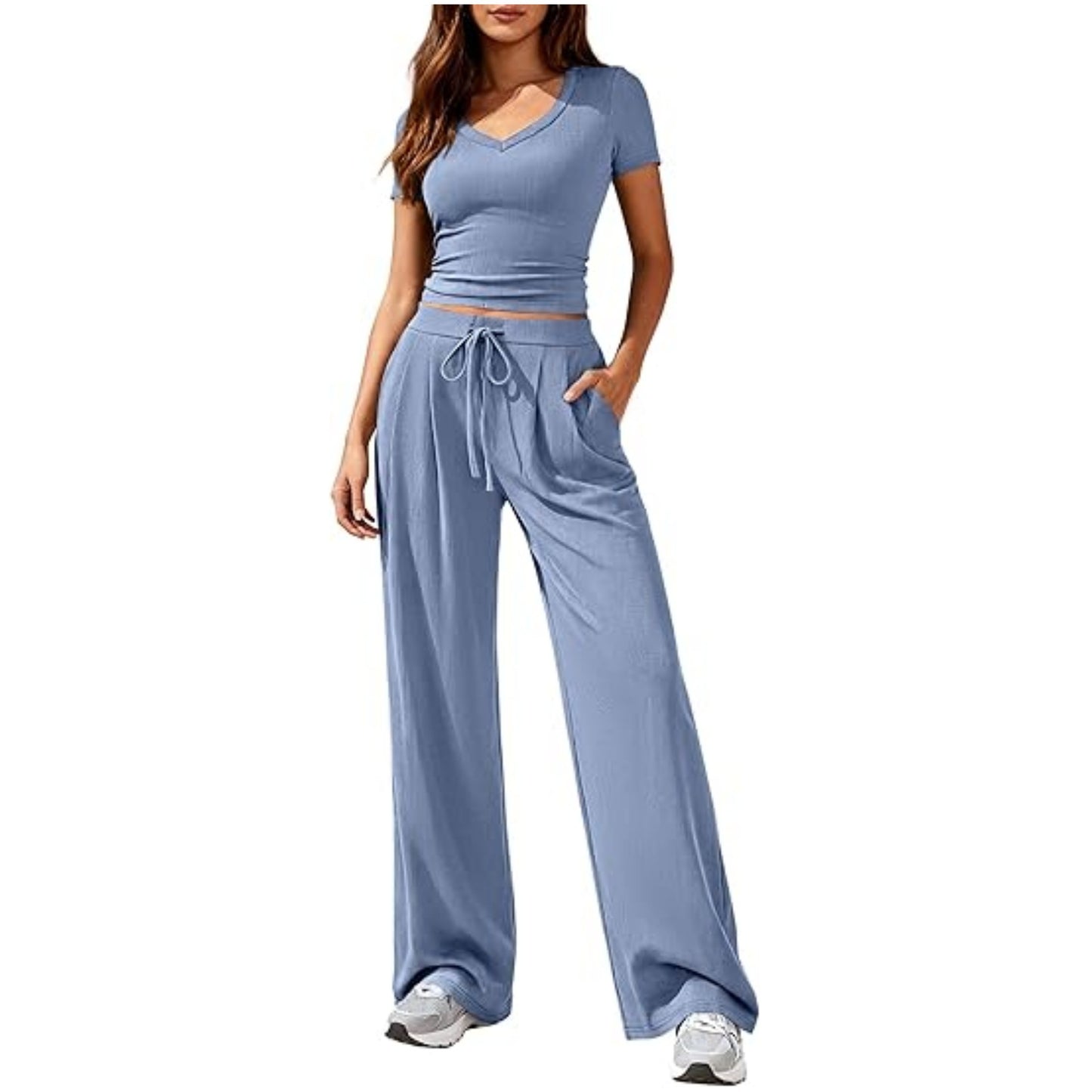 Women's Solid Color V-Neck Top Wide Leg Trousers Two Piece Set Casual Summer Vacation Outfit - Seldom Seen Styles