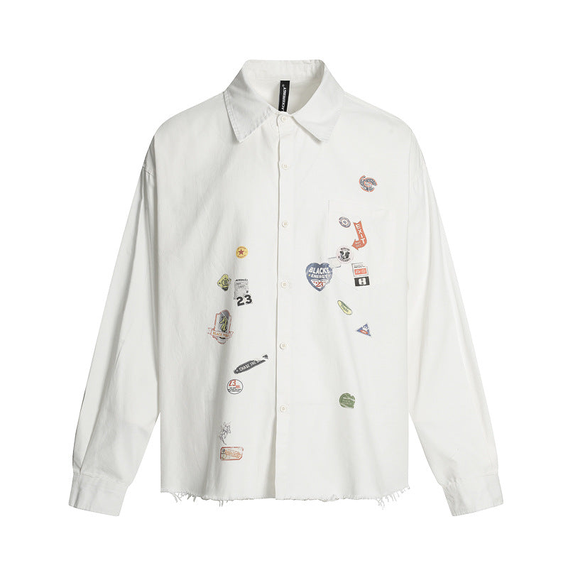 American Cartoon Sticker Print Raw Edge Long Sleeve Shirt Loose Casual Vibe Washed Trendy | Sticker Raw Shirt