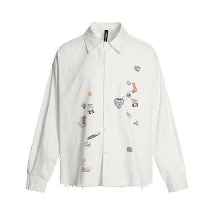 American Cartoon Sticker Print Raw Edge Long Sleeve Shirt Loose Casual Vibe Washed Trendy | Sticker Raw Shirt
