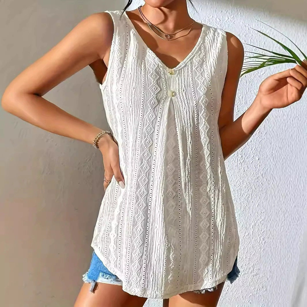 Women's Sleeveless V Neck Lace Tank Top Button Front Boho Blouse Loose Fit Summer Tunic Top