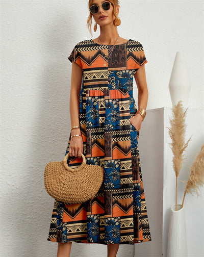 Women's Printed Cotton Linen Maxi Dress Casual Loose Summer Dress - Seldom Seen Styles