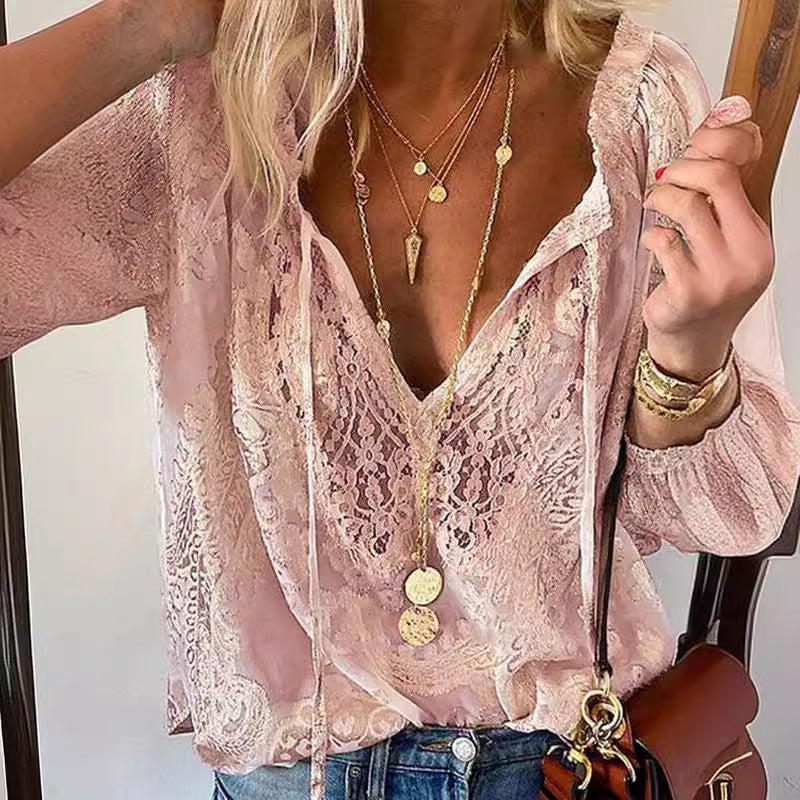 Women's Lace Blouse V Neck Long Sleeve Boho Top Floral Lace Peasant Shirt Casual Elegant Tunic