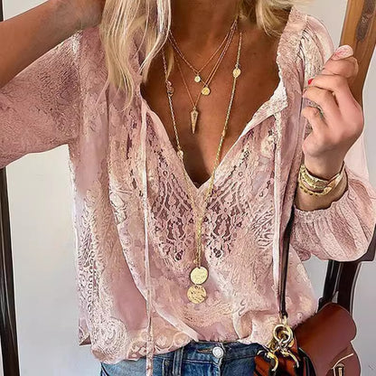 Women's Lace Blouse V Neck Long Sleeve Boho Top Floral Lace Peasant Shirt Casual Elegant Tunic