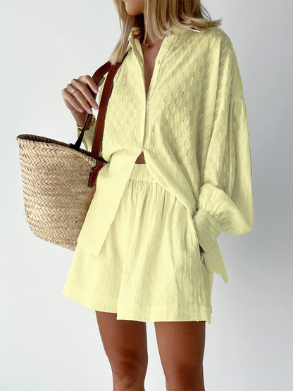 Women's Jacquard Bubble Sleeve Shirt Shorts Two-Piece Set Casual Commuter Chic Summer Outfit