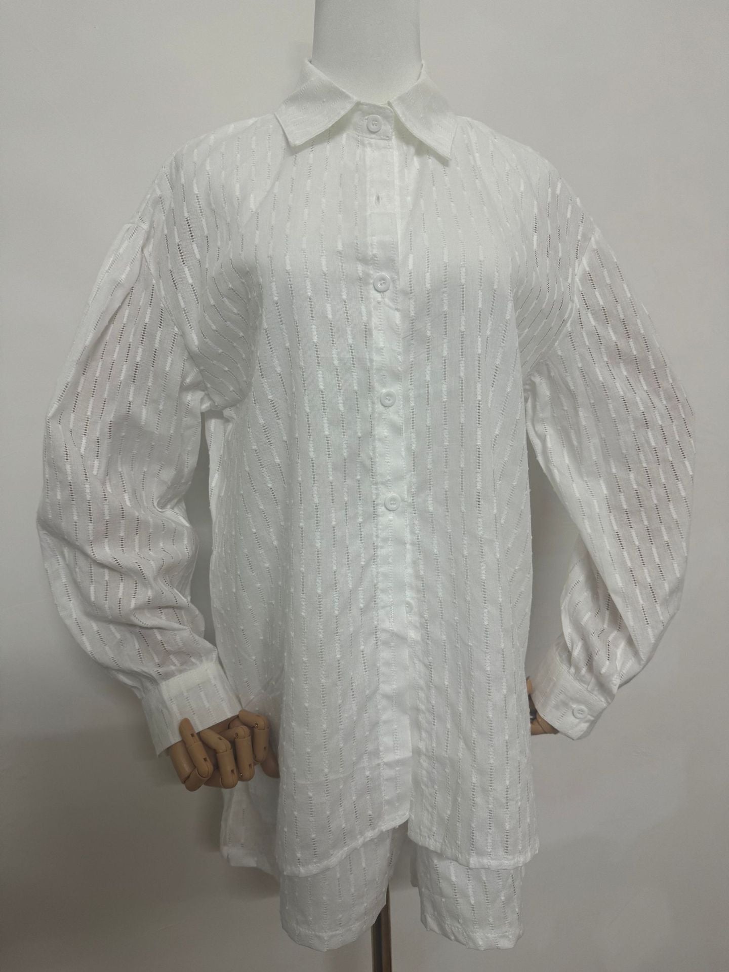 Women's Jacquard Bubble Sleeve Shirt Shorts Two-Piece Set Casual Commuter Chic Summer Outfit - Seldom Seen Styles