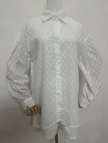 Women's Jacquard Bubble Sleeve Shirt Shorts Two-Piece Set Casual Commuter Chic Summer Outfit