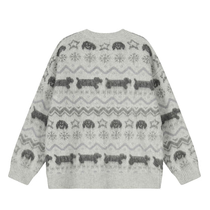 Women's Retro Puppy Jacquard Cardigan Sweater Loose Oversized Knitted Jacket Lazy Style Autumn Winter Unisex | Puppy Knit Cardi
