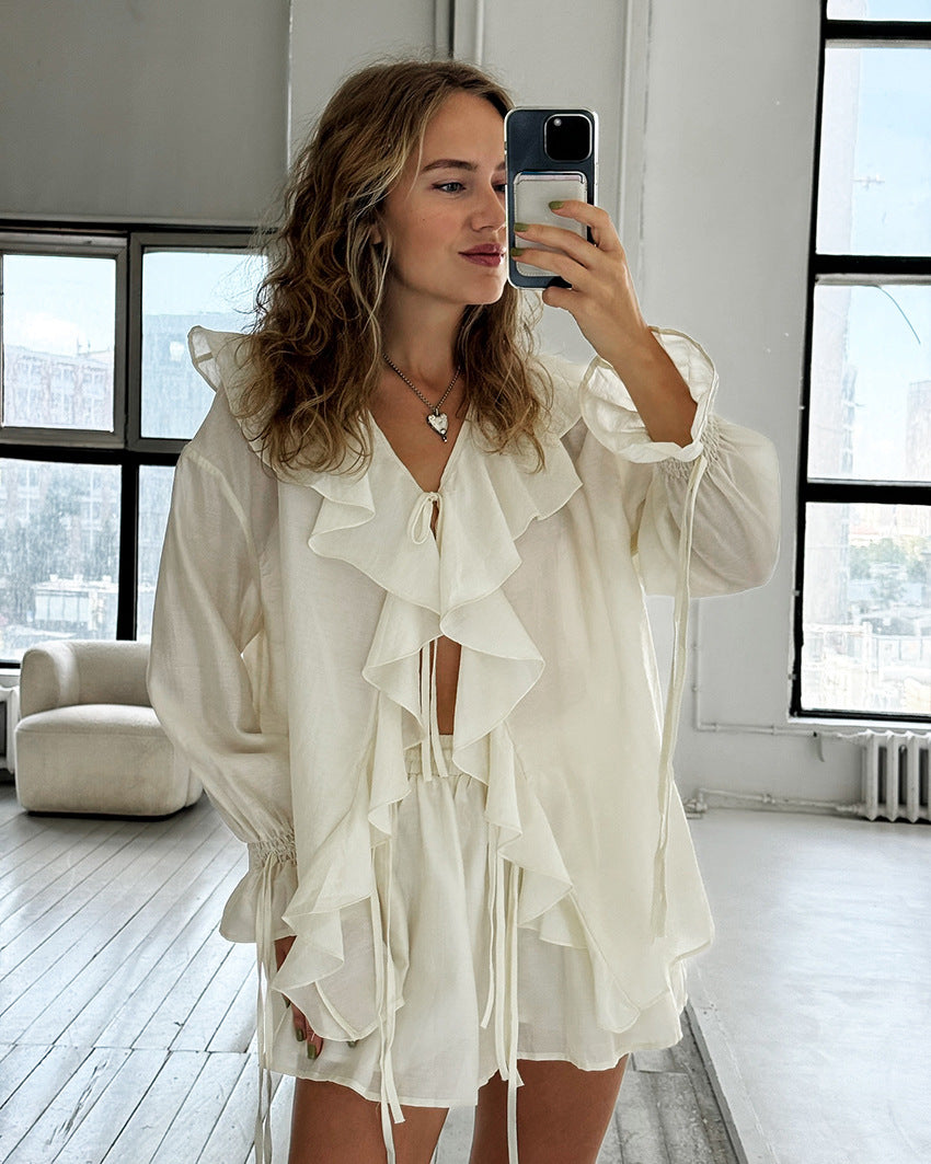 Solid Ruffled Lace-up Casual Top and Elastic Waisted Loose Pocket Shorts Set - Seldom Seen Styles
