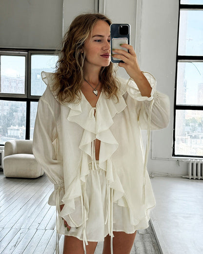Ensemble Décontracté Top Uni Volanté à Lacets et Short Ample à Taille Élastique avec Poches