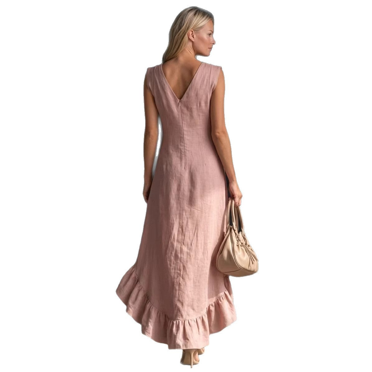 Women's V Neck Ruffle Hem Sleeveless Maxi Dress Cotton Linen Loose Fit Casual Summer Beach Dress - Seldom Seen Styles