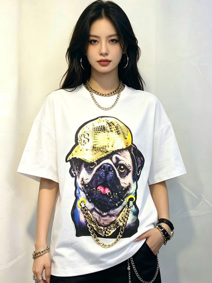 Graphic Print Short Sleeve T-Shirt Gold Chain Bulldog Oversized Loose Fit Heavy Industry Streetwear Couple Summer Casual Tee | Chain Pup Tee