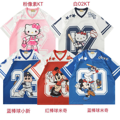 Cartoon Baseball Print Short Sleeve T-Shirt Unisex Loose Fit American Streetwear Casual Couple Graphic Tee | Ball Toon