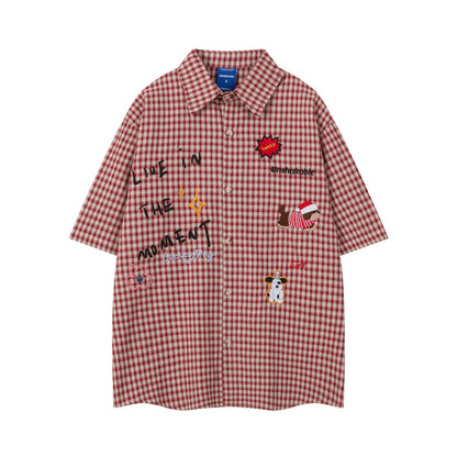 Moment Plaid Embroidery Short Sleeve Shirt Oversized Casual Summer Streetwear Top | Moment Plaid Shirt