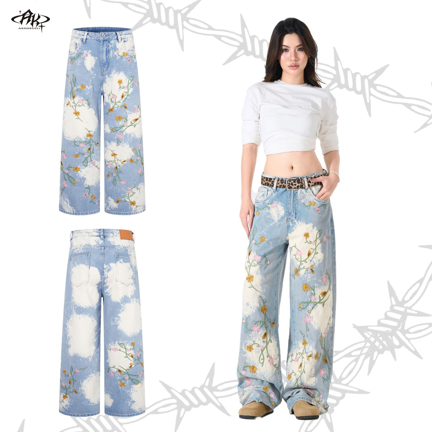 Flower Embroidery Washed Heavy Straight Jeans Retro American High Street Trendy Casual Denim Trousers | Bloom Wash