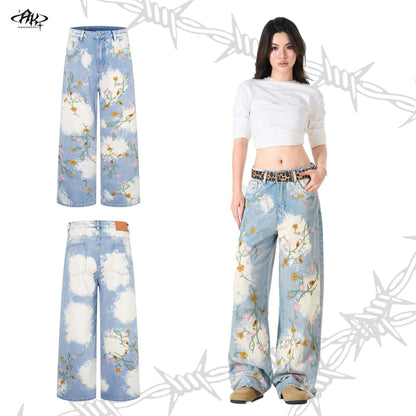 Flower Embroidery Washed Heavy Straight Jeans Retro American High Street Trendy Casual Denim Trousers | Bloom Wash