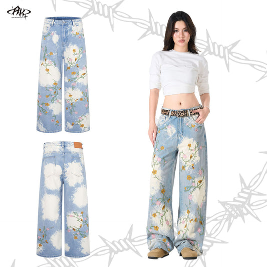Flower Embroidery Washed Heavy Straight Jeans Retro American High Street Trendy Casual Denim Trousers | Bloom Wash