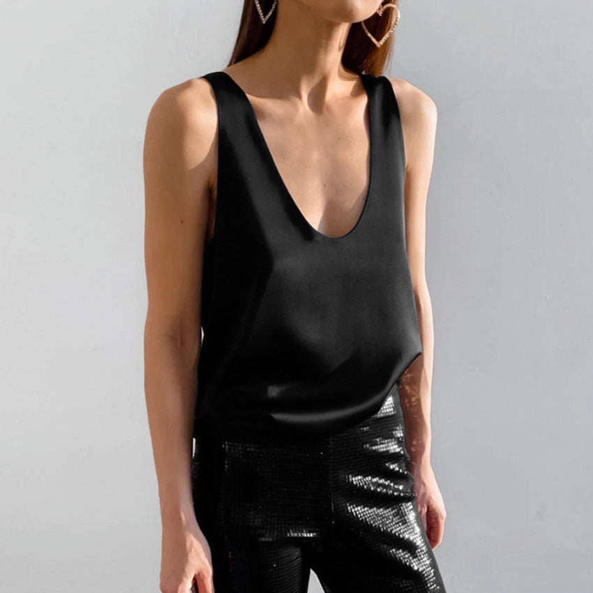 Women's Satin Deep V Neck Tank Top Loose Fit Sleeveless Silk Camisole Blouse - Seldom Seen Styles