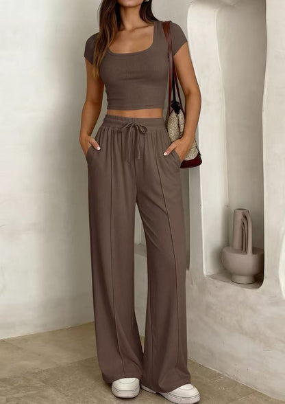 Women's Short Sleeve Slim Two Piece Set Casual Trousers Commuter Suit Summer Vacation Outfit