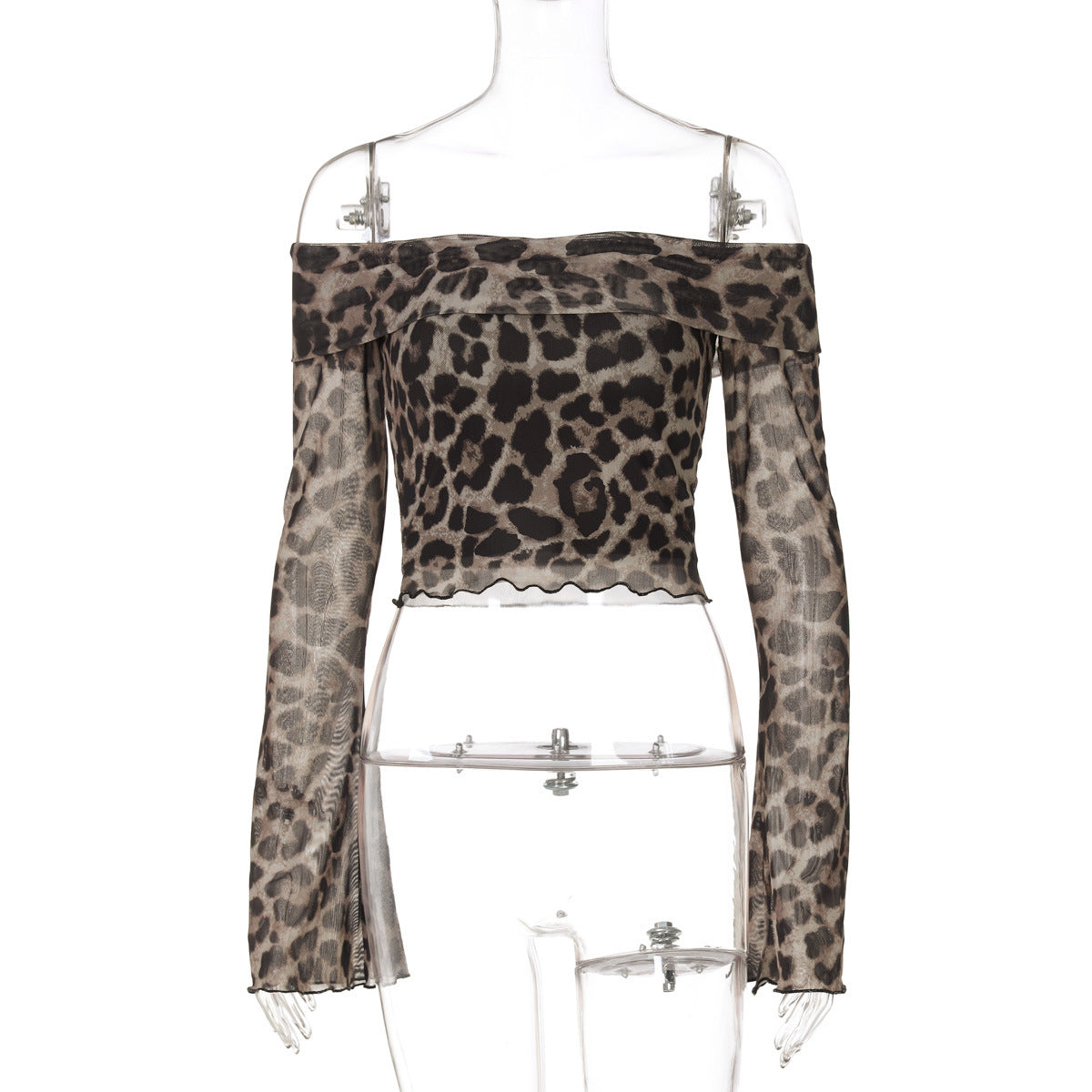 Women's summer sexy one-word shoulder long-sleeved off-the-navel leopard print top sexy hottie bottoming shirt - Seldom Seen Styles