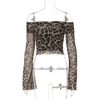 Women's summer sexy one-word shoulder long-sleeved off-the-navel leopard print top sexy hottie bottoming shirt