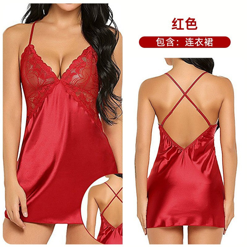 Women's Satin Lace Chemise Nightgown Sexy V Neck Sleep Dress Silk Feel Babydoll Lingerie Nightwear with Adjustable Straps - Seldom Seen Styles