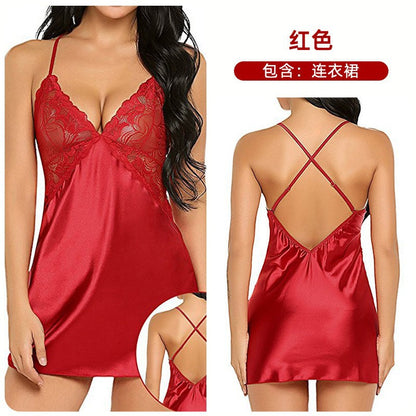 Women's Satin Lace Chemise Nightgown Sexy V Neck Sleep Dress Silk Feel Babydoll Lingerie Nightwear with Adjustable Straps
