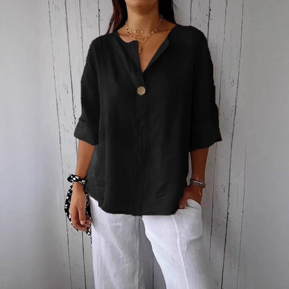 Women's Cotton Linen V-Neck Loose T-Shirt Button Detail Summer Casual Breathable Top Plus Size