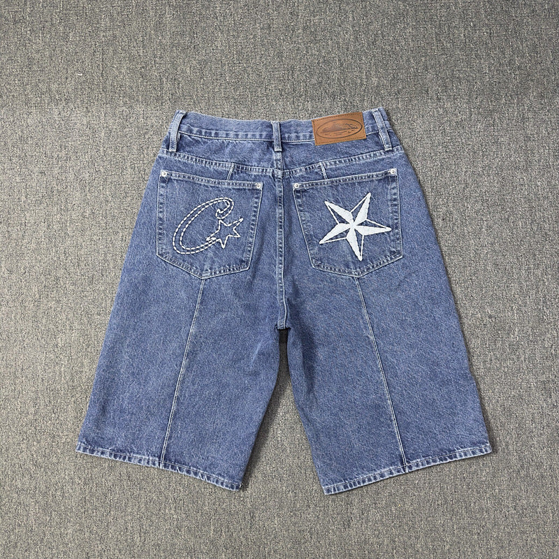 Men's Star Embroidered Denim Shorts Baggy Jorts Loose Fit Streetwear Jean Shorts Y2K Skate Shorts