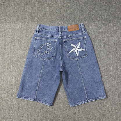 Men's Star Embroidered Denim Shorts Baggy Jorts Loose Fit Streetwear Jean Shorts Y2K Skate Shorts