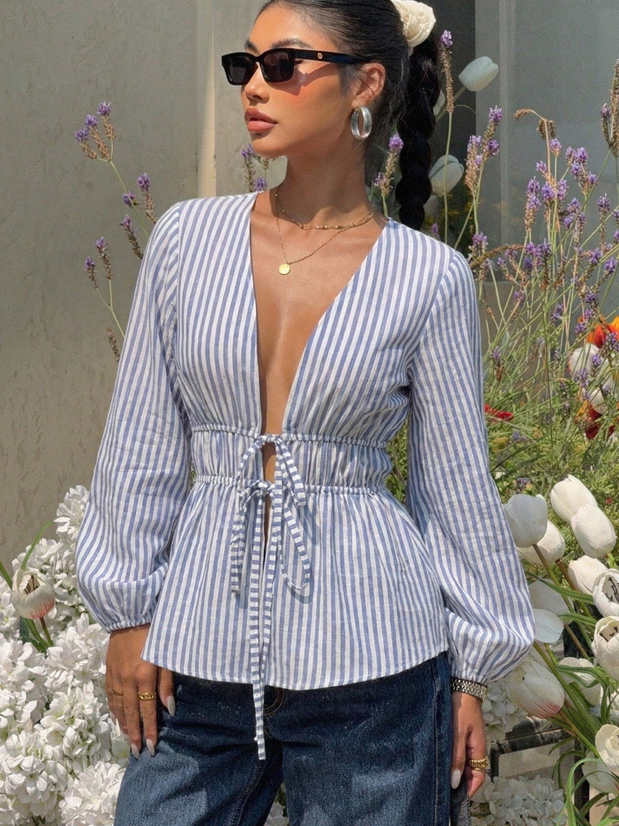 Women's Blue Striped Long Sleeve Tie Blouse Elegant Crew Neck Loose Fit Polyester Casual Vacation Spring Summer Office Work Blouse Top - Seldom Seen Styles
