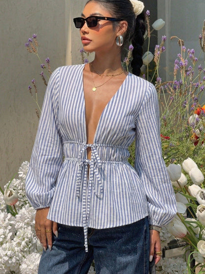 Women's Blue Striped Long Sleeve Tie Blouse Elegant Crew Neck Loose Fit Polyester Casual Vacation Spring Summer Office Work Blouse Top