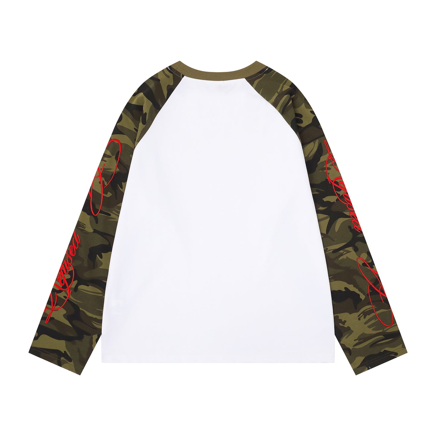 Women's American Retro Camouflage Splice Embroidery Raglan Long Sleeve T-Shirt Loose Casual Unisex Spring Summer Top | Camo Splice Tee